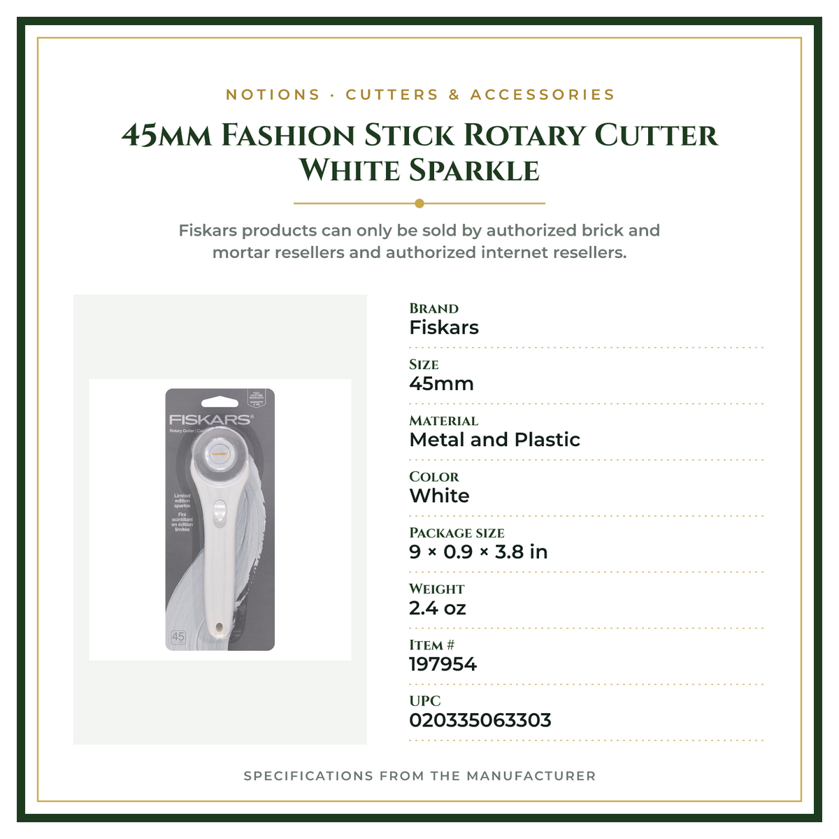 Product Specifications – 45mm Fashion Stick Rotary Cutter White Sparkle