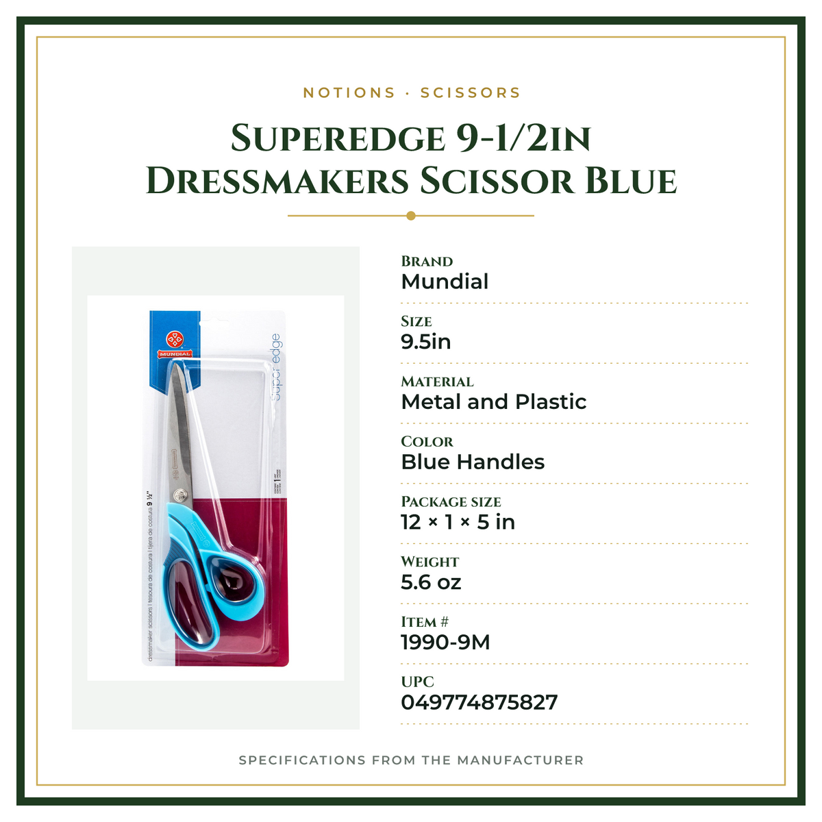 Product Specifications – Superedge 9-1/2in Dressmakers Scissor Blue