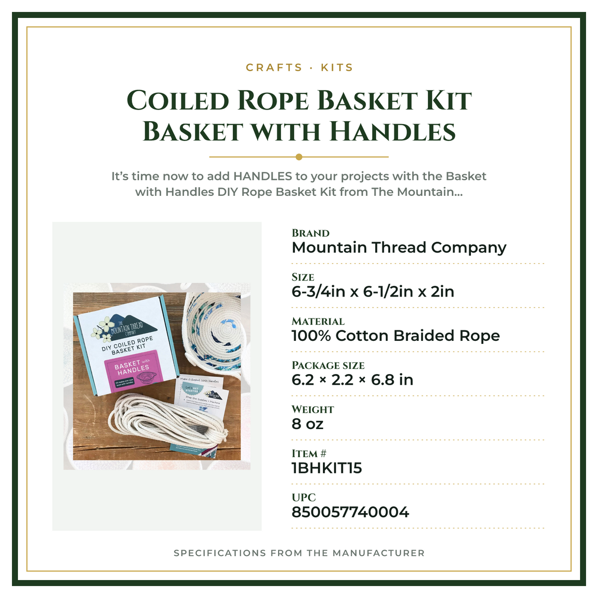 Product Specifications – Coiled Rope Basket Kit Basket with Handles