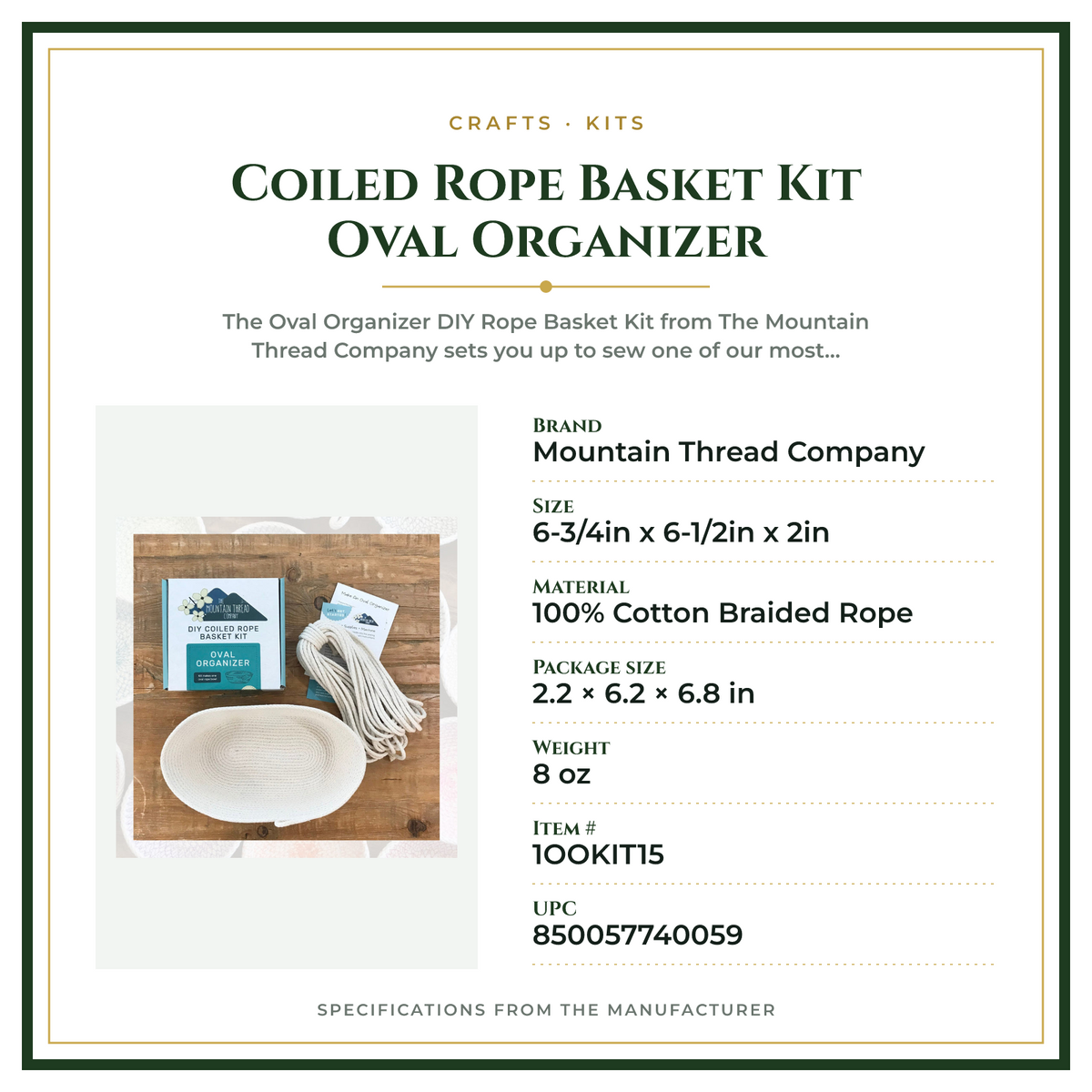 Product Specifications – Coiled Rope Basket Kit Oval Organizer