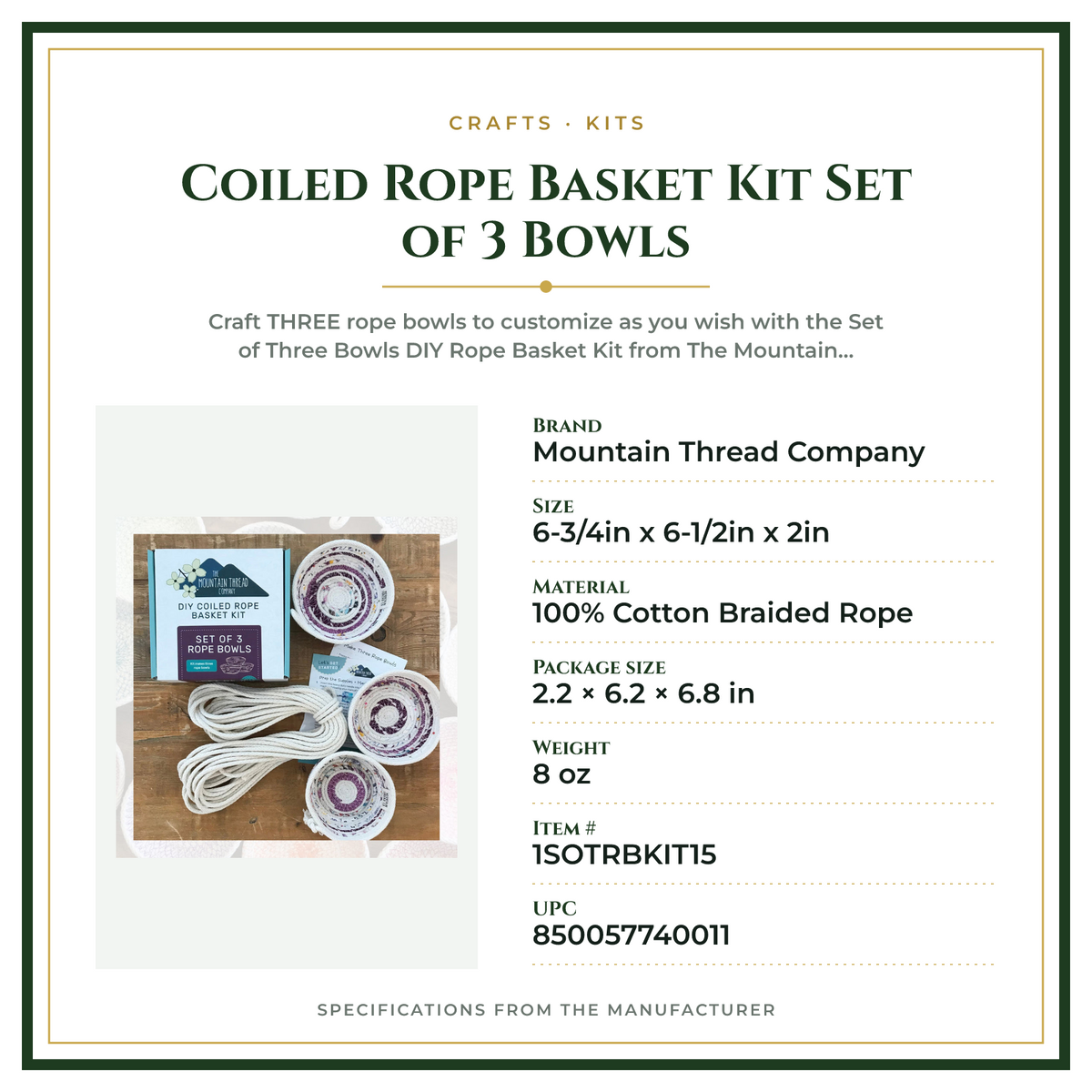 Product Specifications – Coiled Rope Basket Kit Set of 3 Bowls