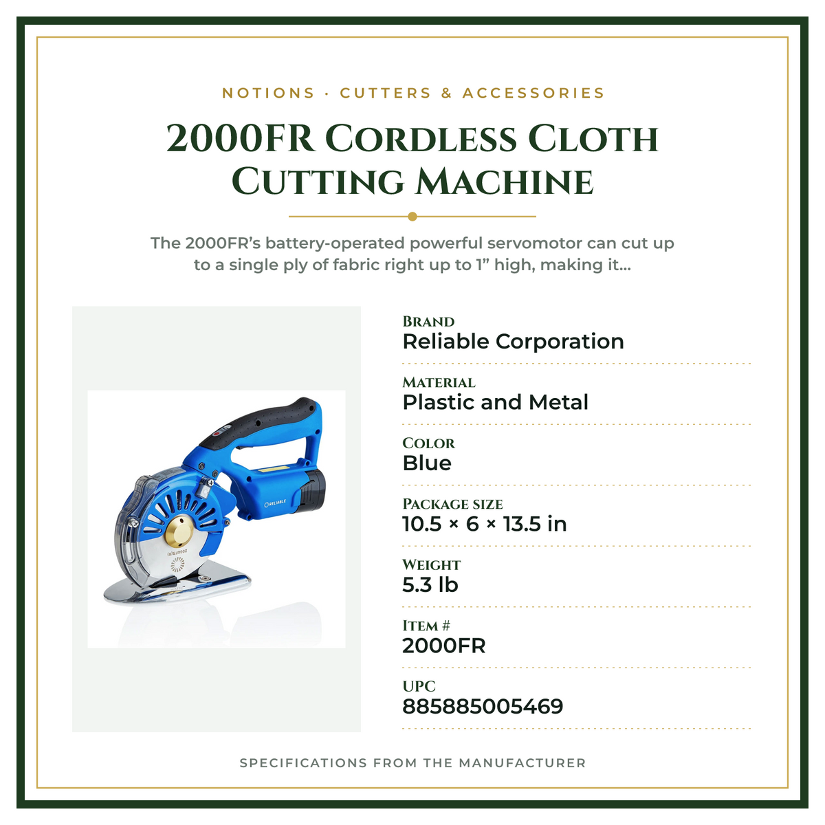 Product Specifications – 2000FR Cordless Cloth Cutting Machine