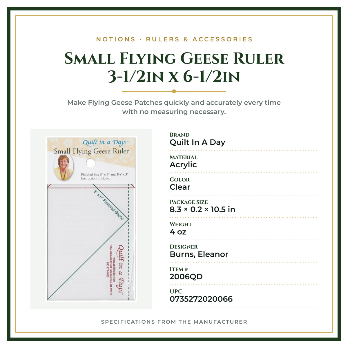 Product Specifications – Small Flying Geese Ruler 3-1/2in x 6-1/2in