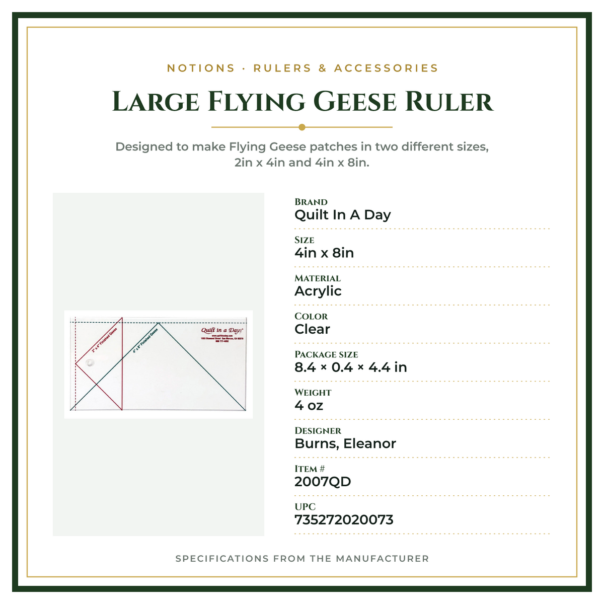 Product Specifications – Large Flying Geese Ruler