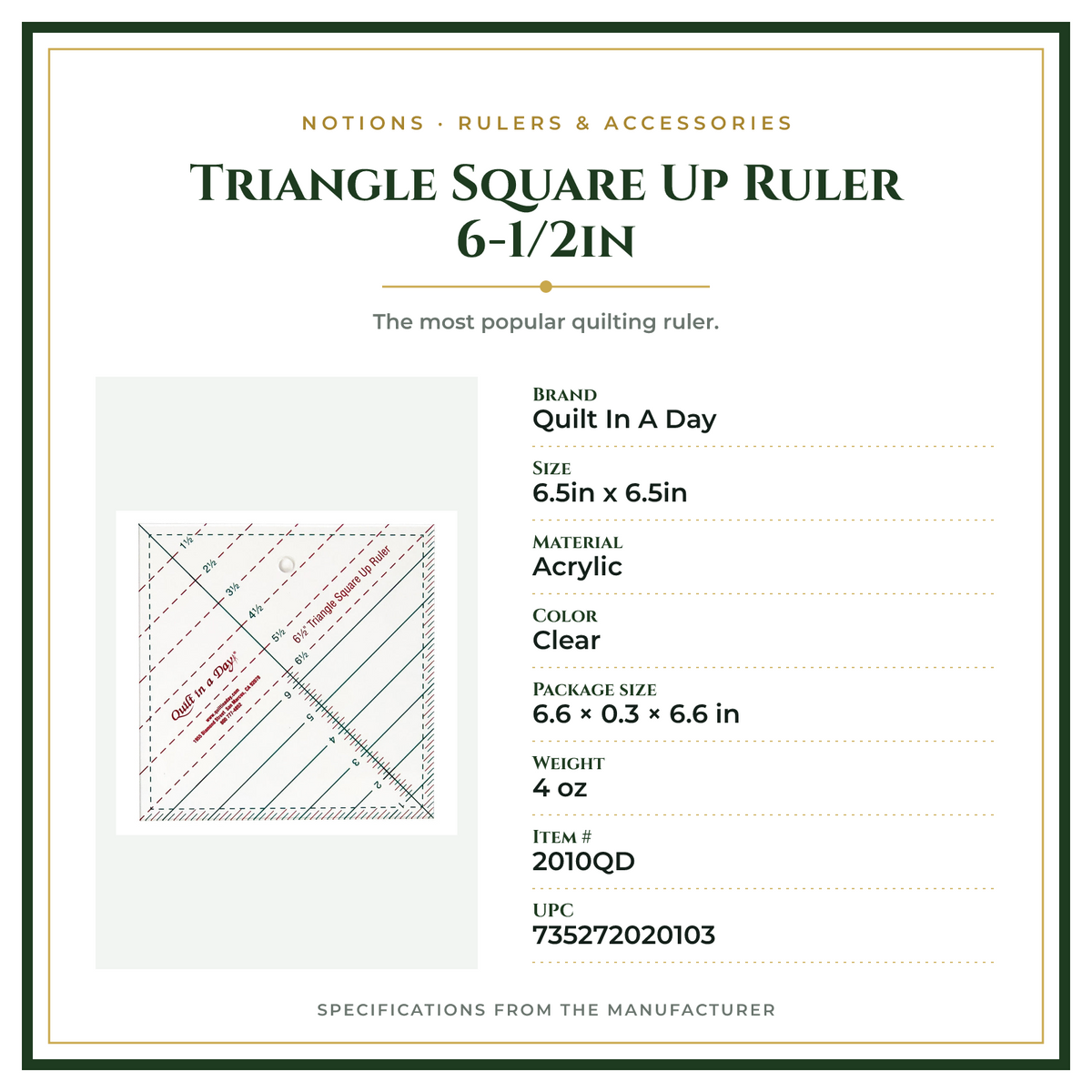 Product Specifications – Triangle Square Up Ruler 6-1/2in