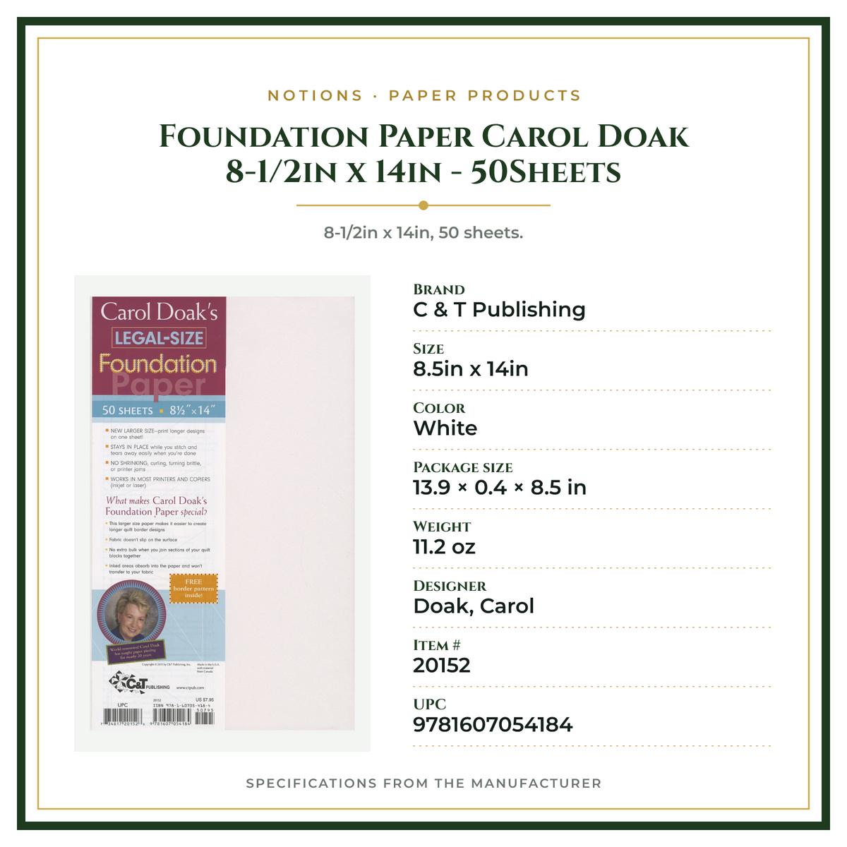 Product Specifications – Foundation Paper Carol Doak 8-1/2in x 14in - 50Sheets