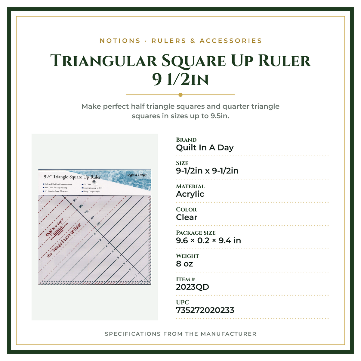 Product Specifications – Triangular Square Up Ruler 9 1/2in