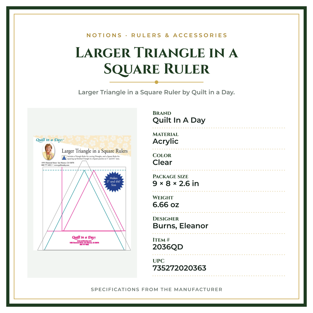 Product Specifications – Larger Triangle in a Square Ruler