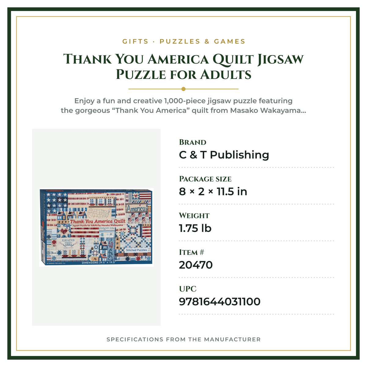 Product Specifications – Thank You America Quilt Jigsaw Puzzle for Adults