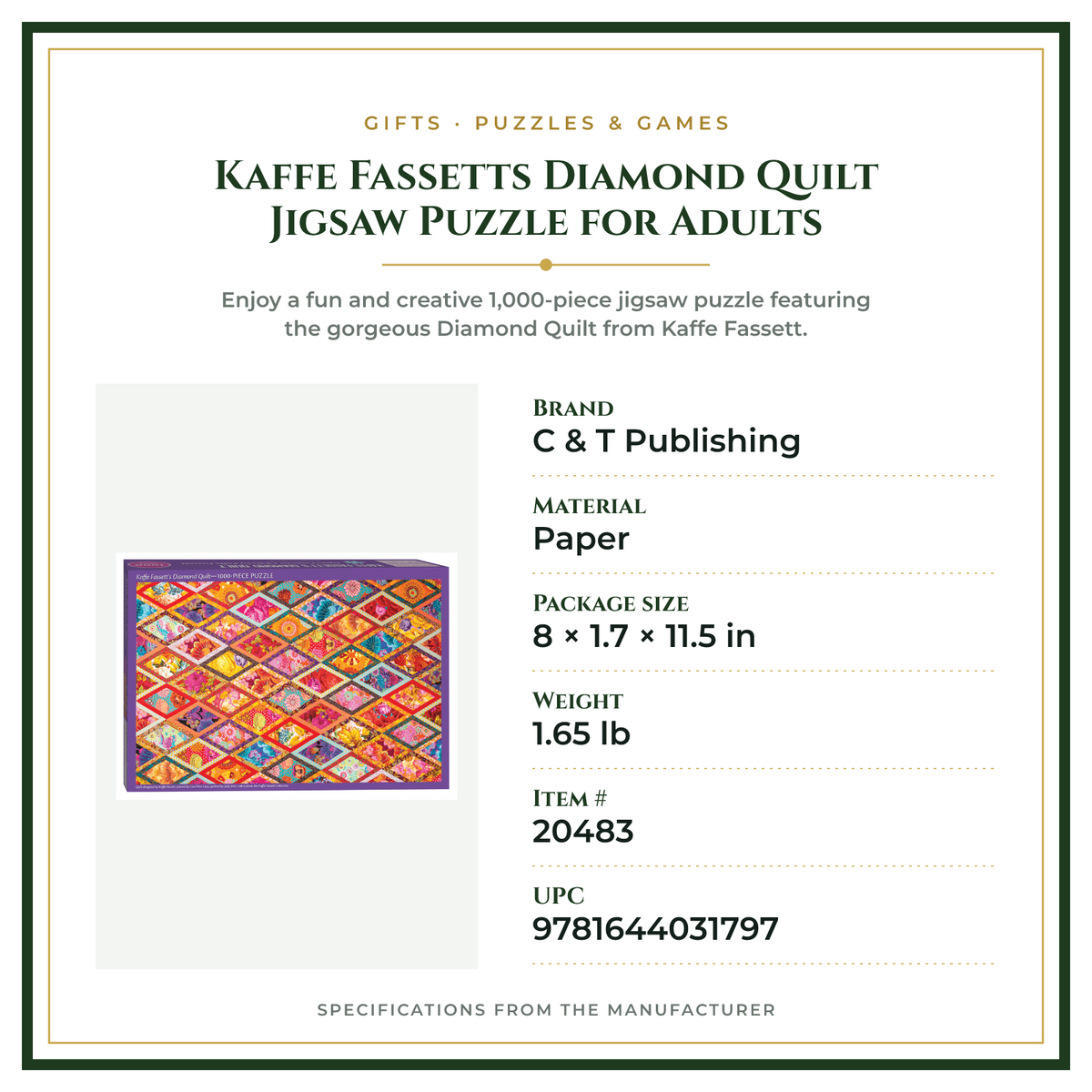 Product Specifications – Kaffe Fassetts Diamond Quilt Jigsaw Puzzle for Adults