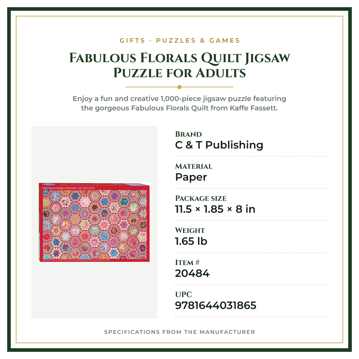 Product Specifications – Fabulous Florals Quilt Jigsaw Puzzle for Adults