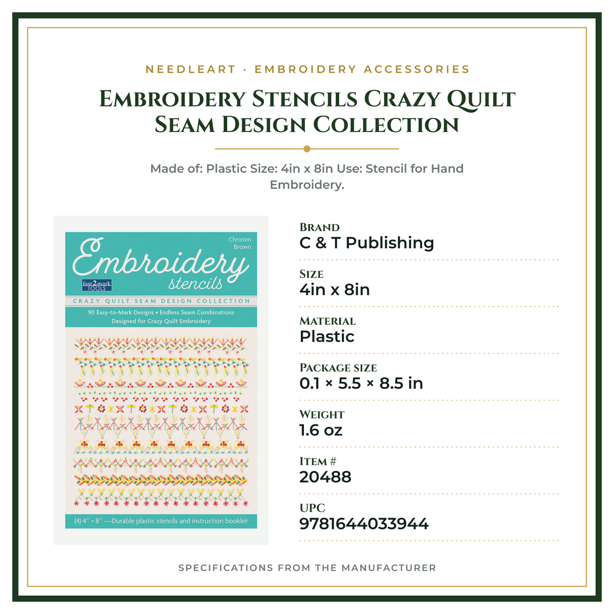 Product Specifications – Embroidery Stencils Crazy Quilt Seam Design Collection