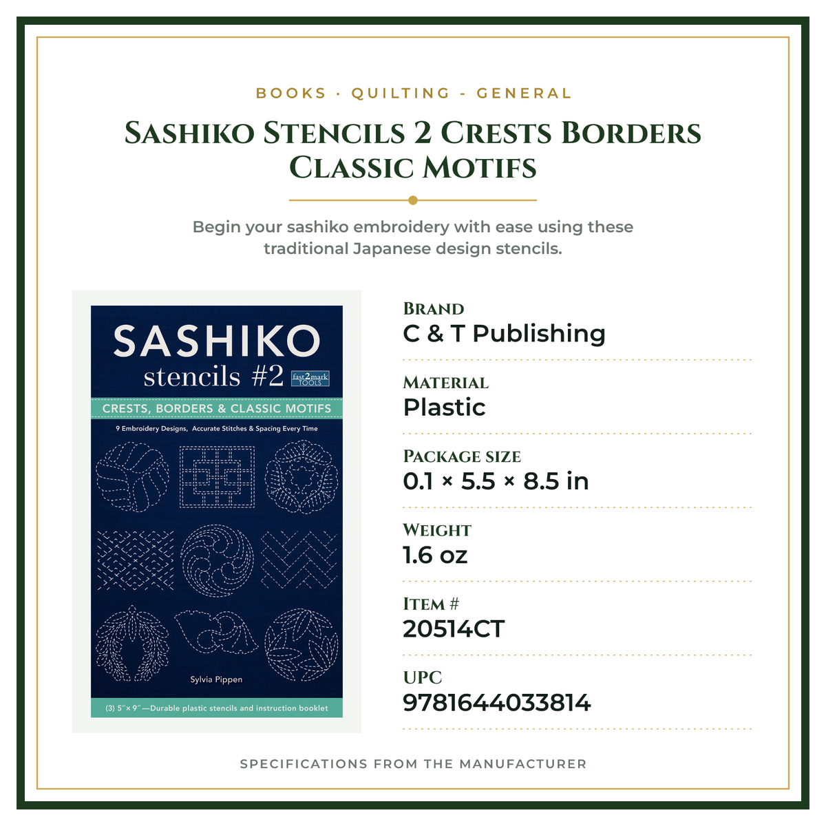 Product Specifications – Sashiko Stencils 2 Crests Borders  Classic Motifs