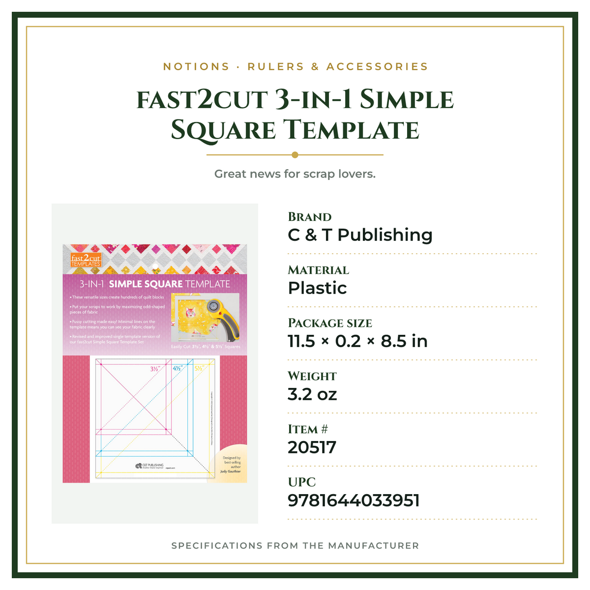Product Specifications – fast2cut 3-in-1 Simple Square Template