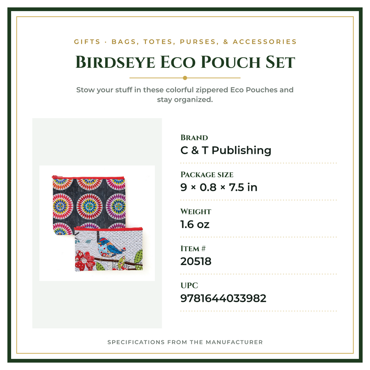 Product Specifications – Birdseye Eco Pouch Set