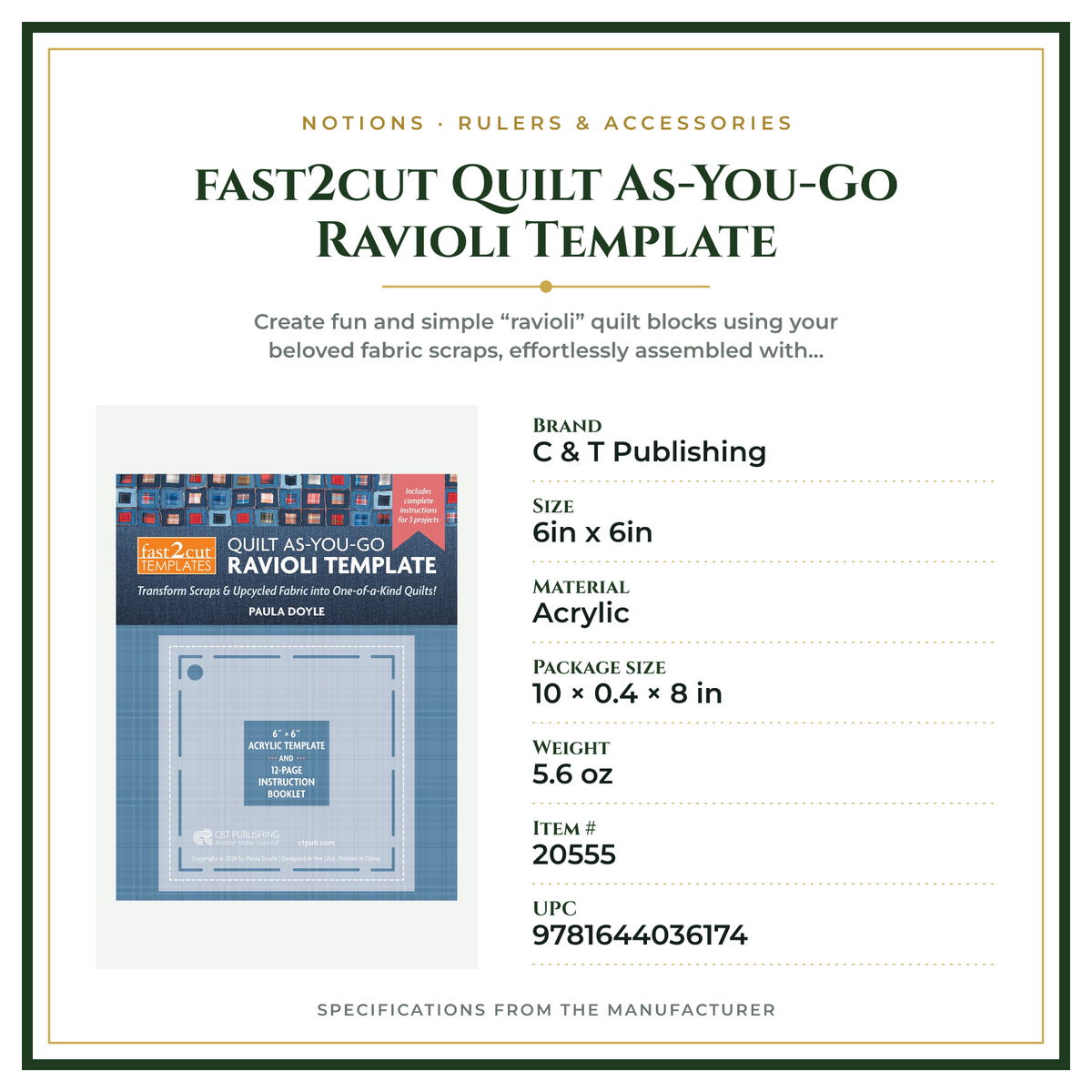 Product Specifications – fast2cut Quilt As-You-Go Ravioli Template