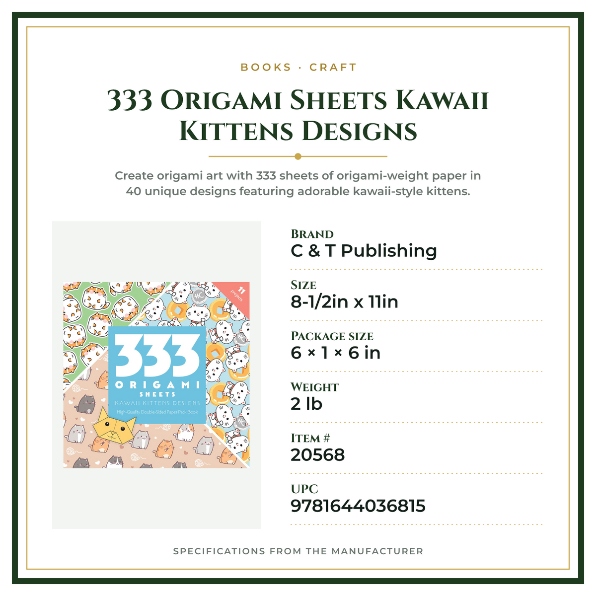 Product Specifications – 333 Origami Sheets Kawaii Kittens Designs