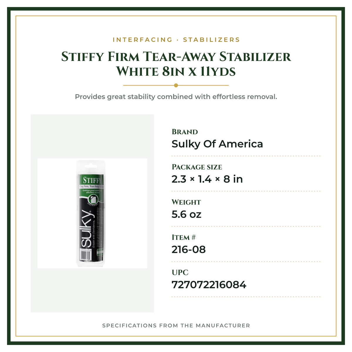 Product Specifications – Stiffy Firm Tear-Away Stabilizer White 8in x 11yds