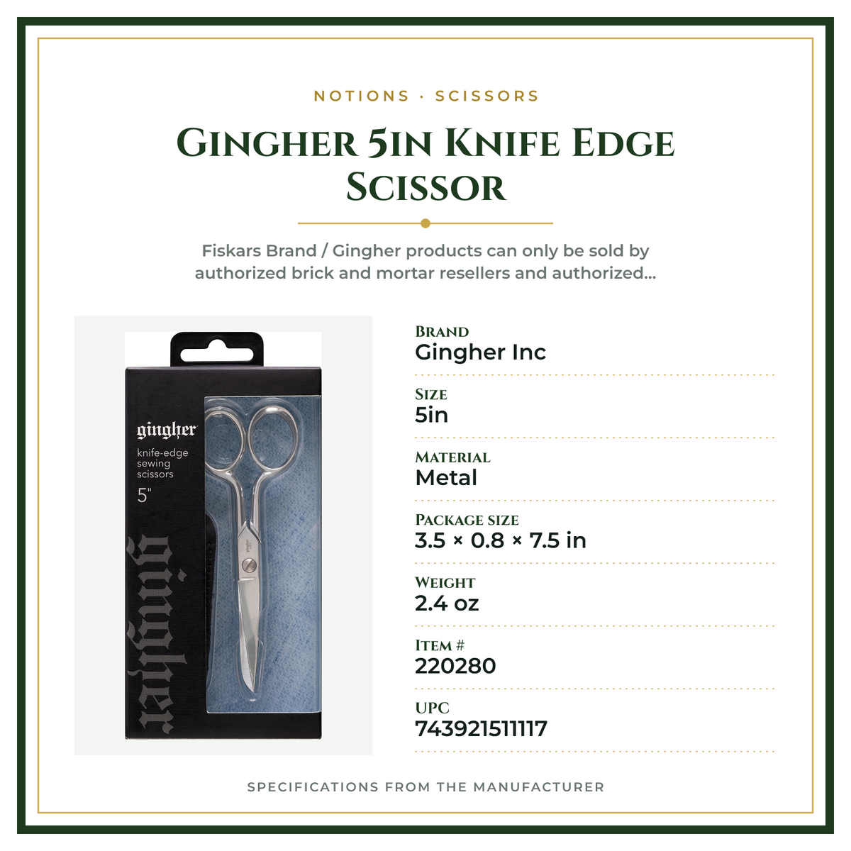 Product Specifications – Gingher 5in Knife Edge Scissor
