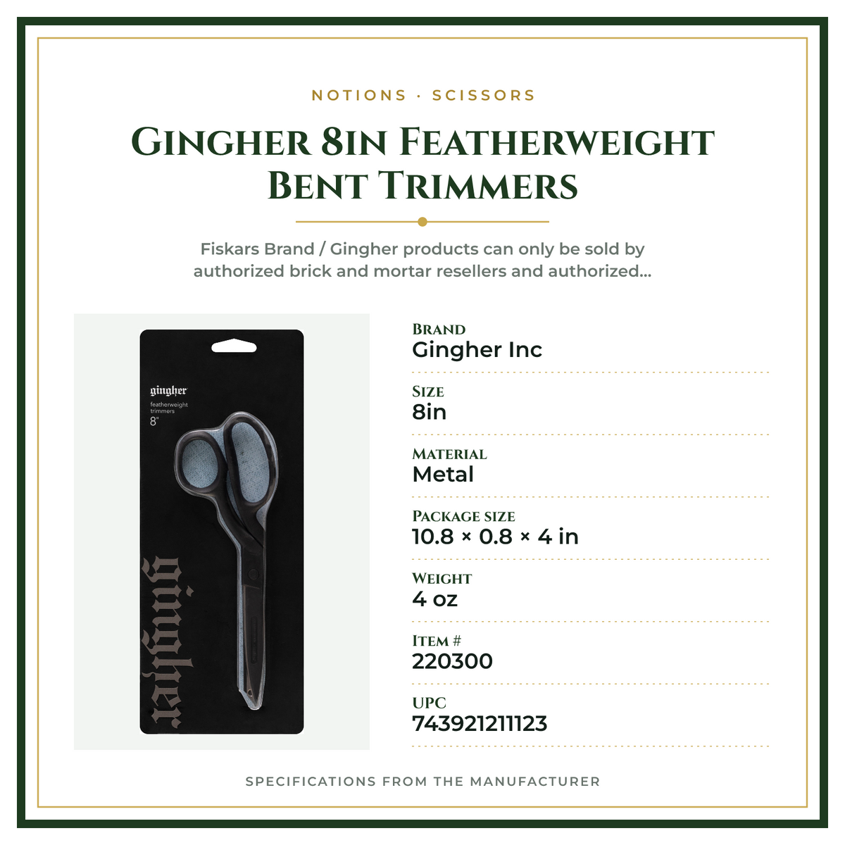 Product Specifications – Gingher 8in Featherweight Bent Trimmers