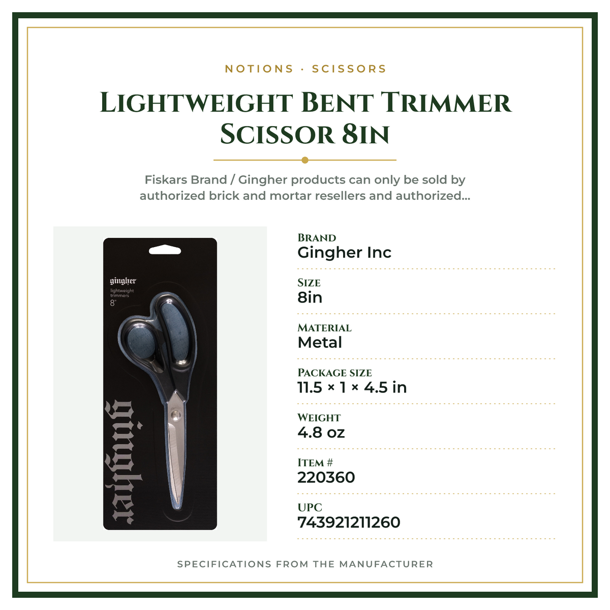 Product Specifications – Lightweight Bent Trimmer Scissor 8in