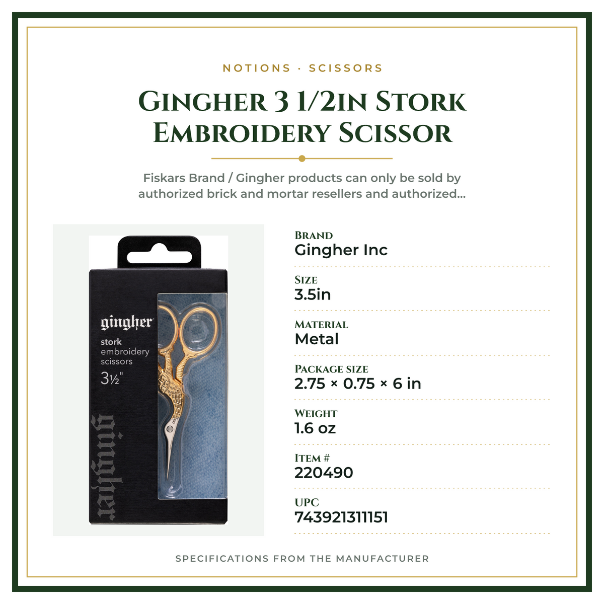 Product Specifications – Gingher 3 1/2in Stork Embroidery Scissor