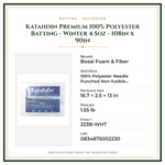 Product Specifications – Katahdin Premium 100% Polyester Batting - Winter 4.5oz - 108in x 90in