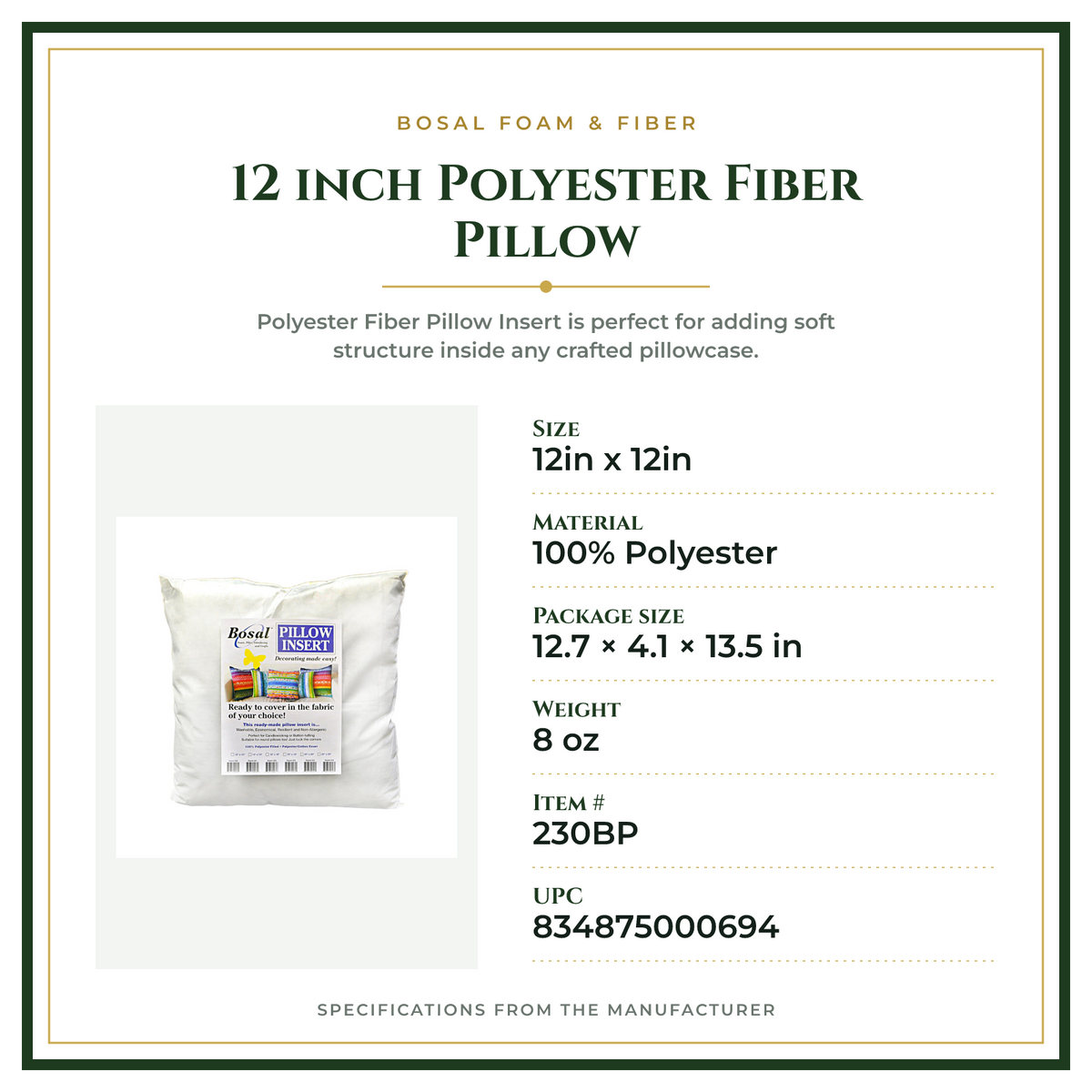 Product Specifications – 12 inch Polyester Fiber Pillow