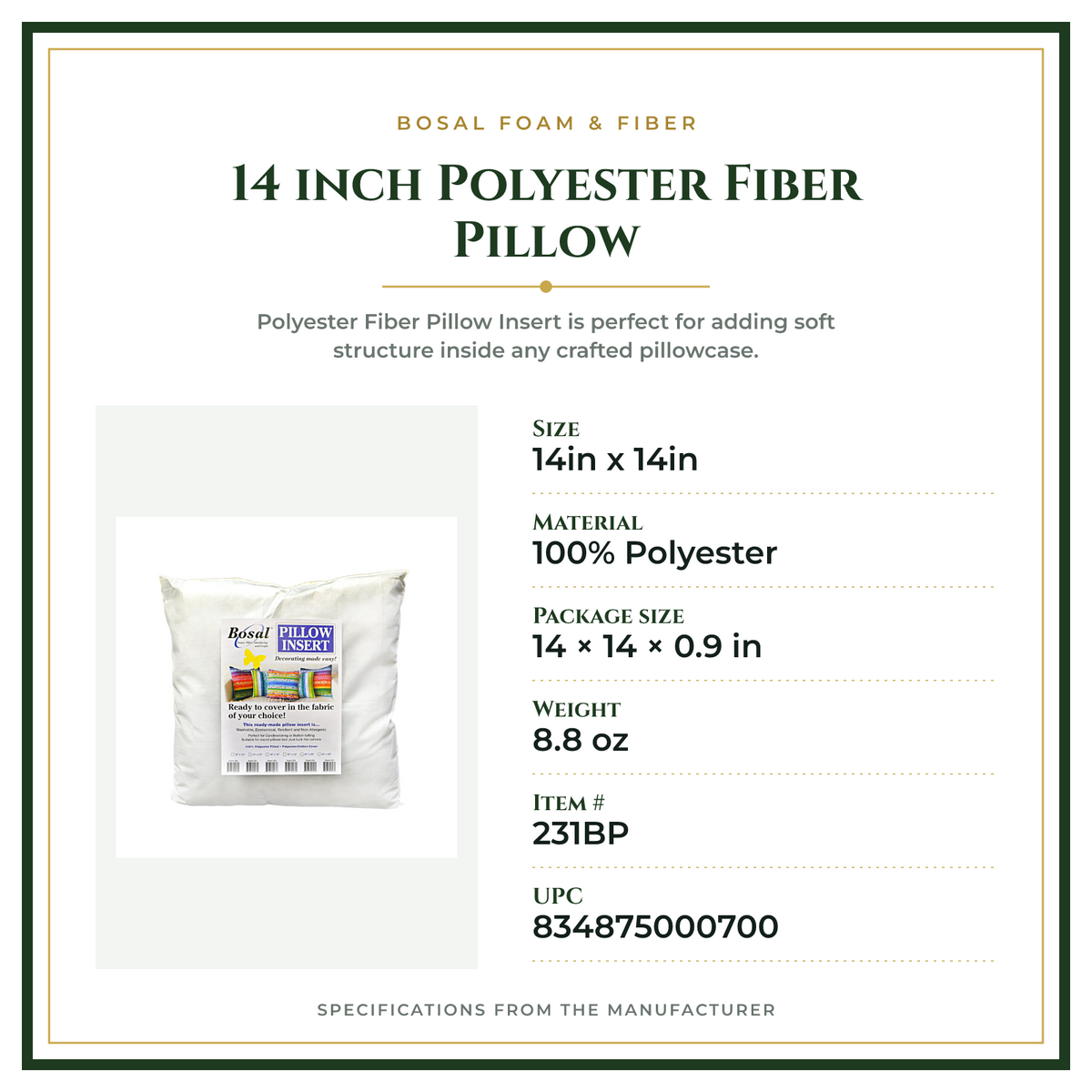 Product Specifications – 14 inch Polyester Fiber Pillow