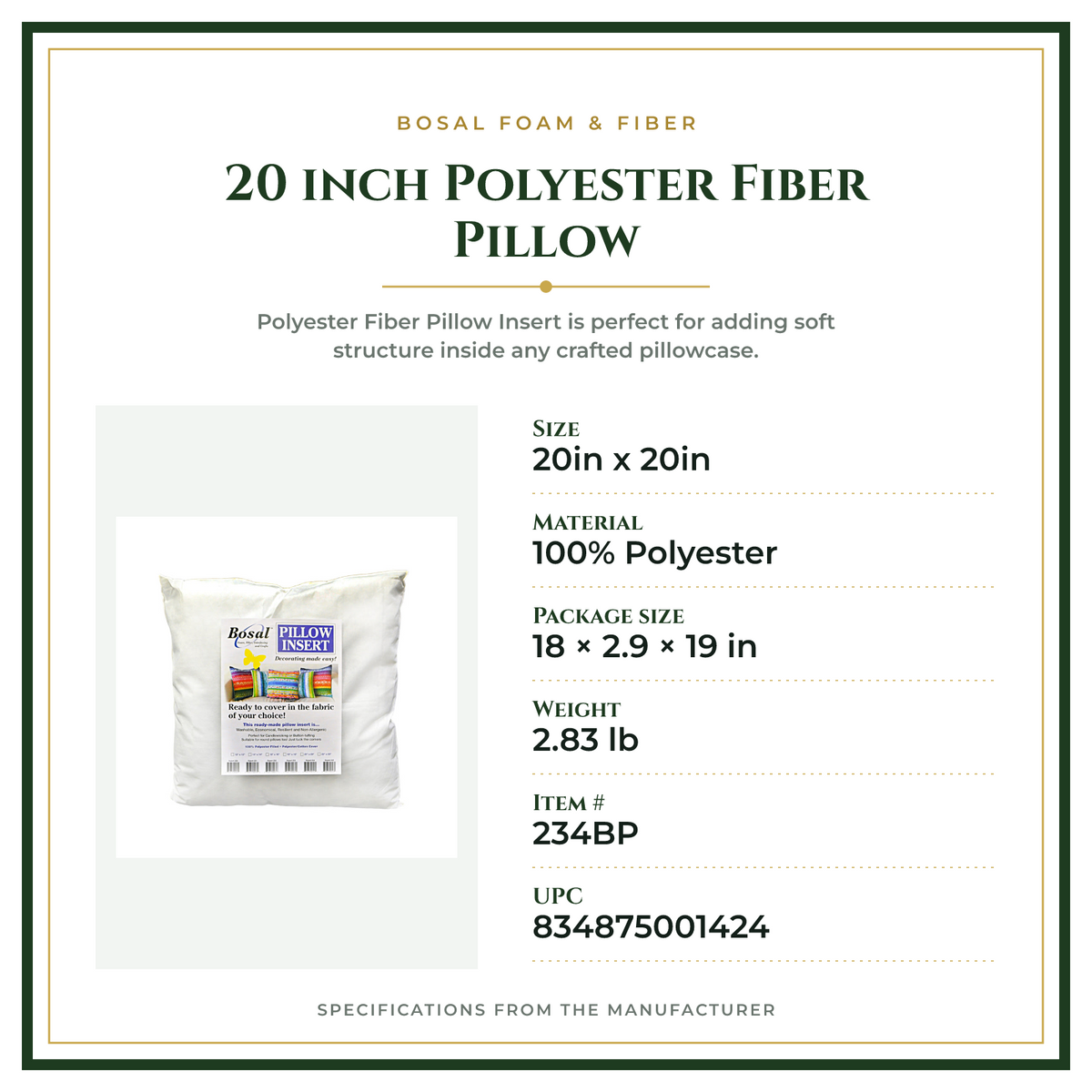 Product Specifications – 20 inch Polyester Fiber Pillow