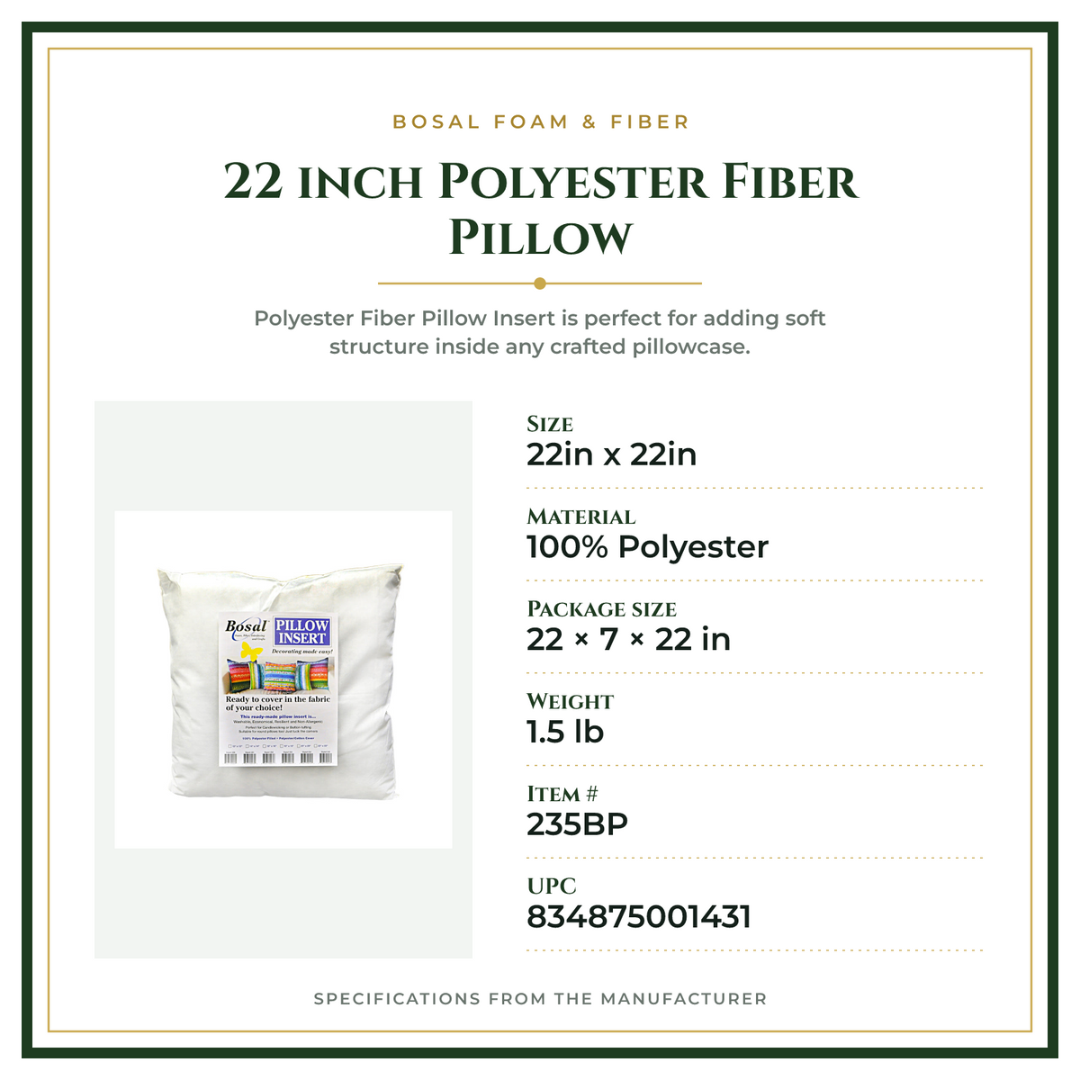 Product Specifications – 22 inch Polyester Fiber Pillow