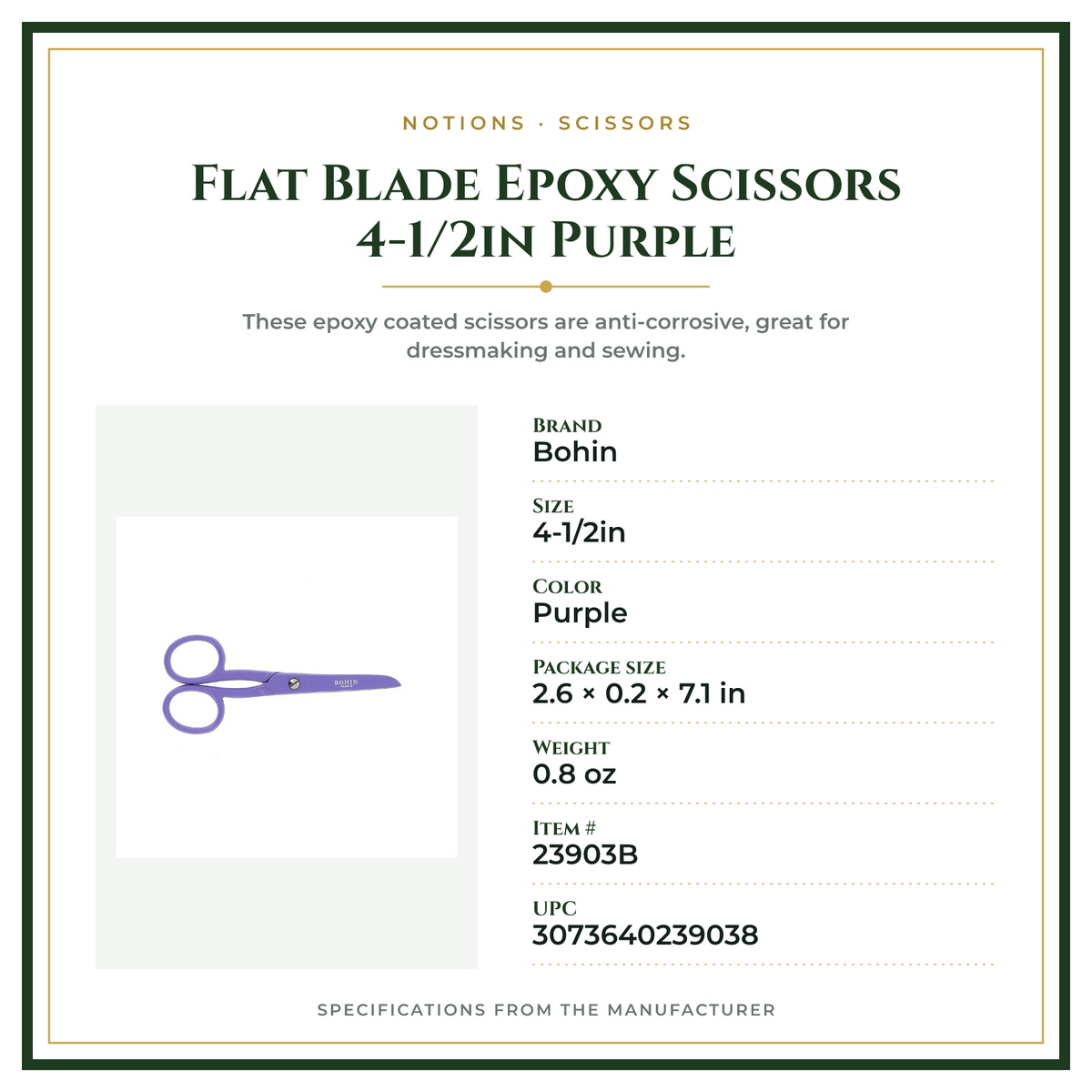 Product Specifications – Flat Blade Epoxy Scissors 4-1/2in Purple
