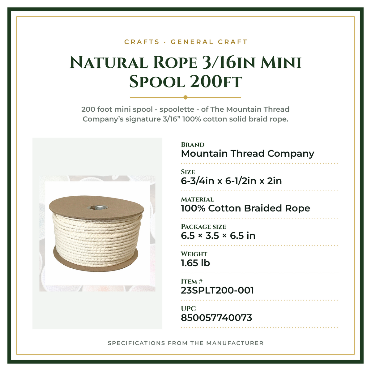 Product Specifications – Natural Rope 3/16in Mini Spool 200ft