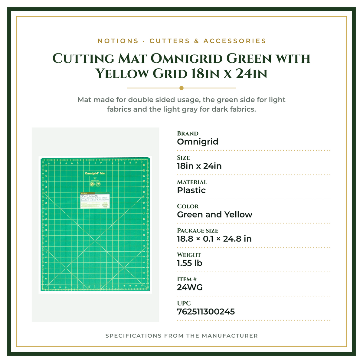 Product Specifications – Cutting Mat Omnigrid Green with Yellow Grid 18in x 24in