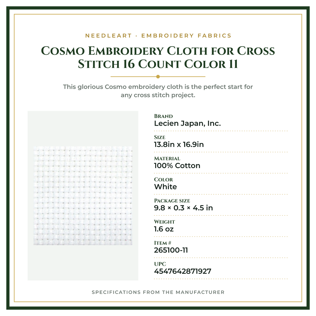 Product Specifications – Cosmo Embroidery Cloth for Cross Stitch 16 Count Color 11