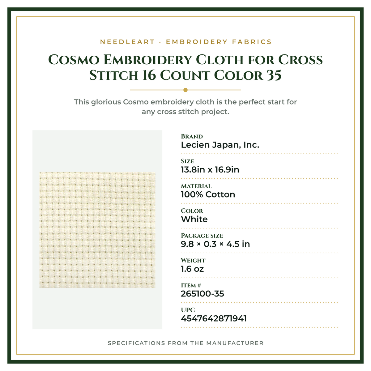 Product Specifications – Cosmo Embroidery Cloth for Cross Stitch 16 Count Color 35