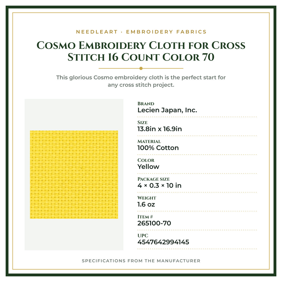 Product Specifications – Cosmo Embroidery Cloth for Cross Stitch 16 Count Color 70
