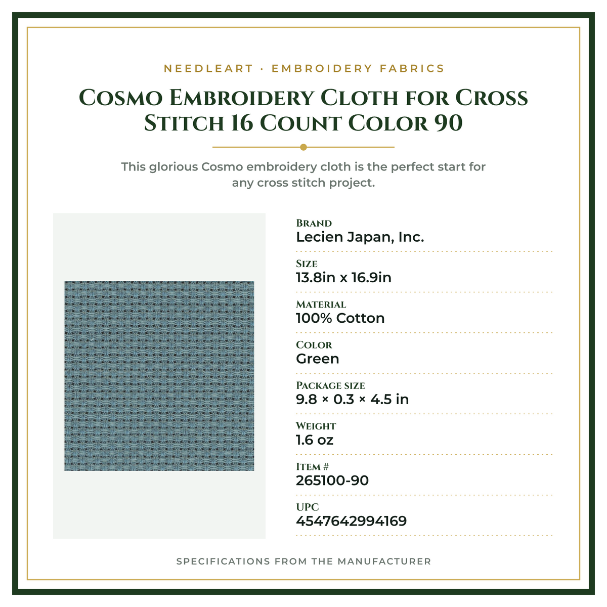 Product Specifications – Cosmo Embroidery Cloth for Cross Stitch 16 Count Color 90