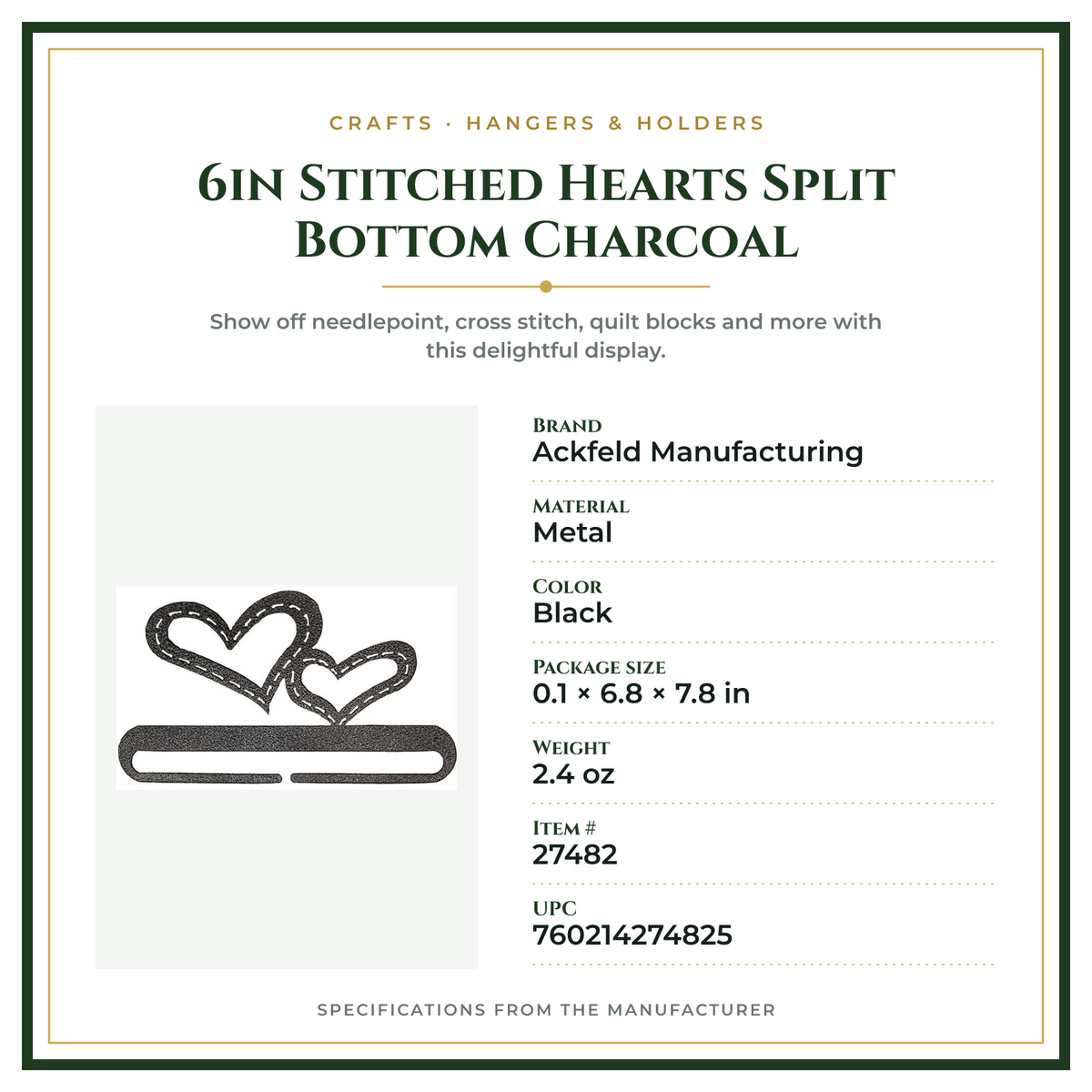 Product Specifications – 6in Stitched Hearts Split Bottom Charcoal
