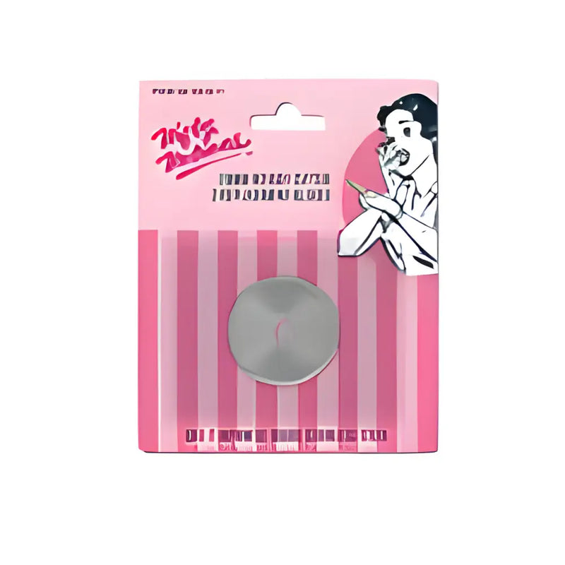 Round silver metal button on pink striped packaging for 28MM Rotary Repl Blades