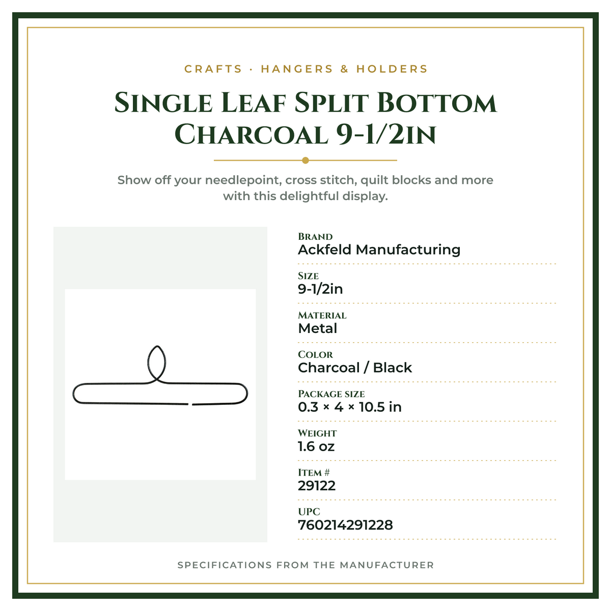 Product Specifications – Single Leaf Split Bottom Charcoal 9-1/2in