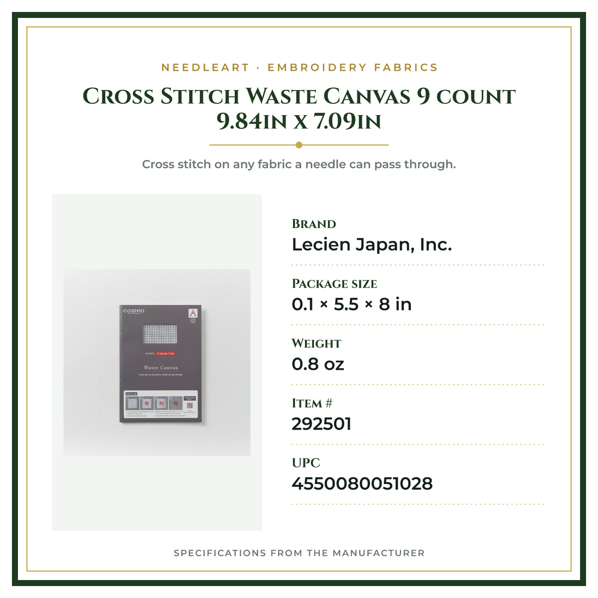 Product Specifications – Cross Stitch Waste Canvas 9 count 9.84in x 7.09in