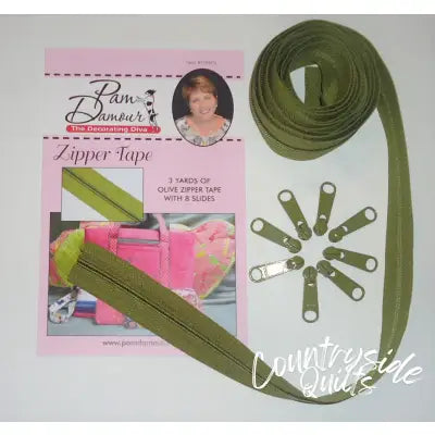 3 yards of Reversible Coil Zipper Tape with 8 Slides Olive