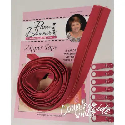 3 yards of Reversible Coil Zipper Tape with 8 Slides Watermelon