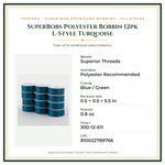 Product Specifications – SuperBobs Polyester Bobbin 12pk L-Style Turquoise