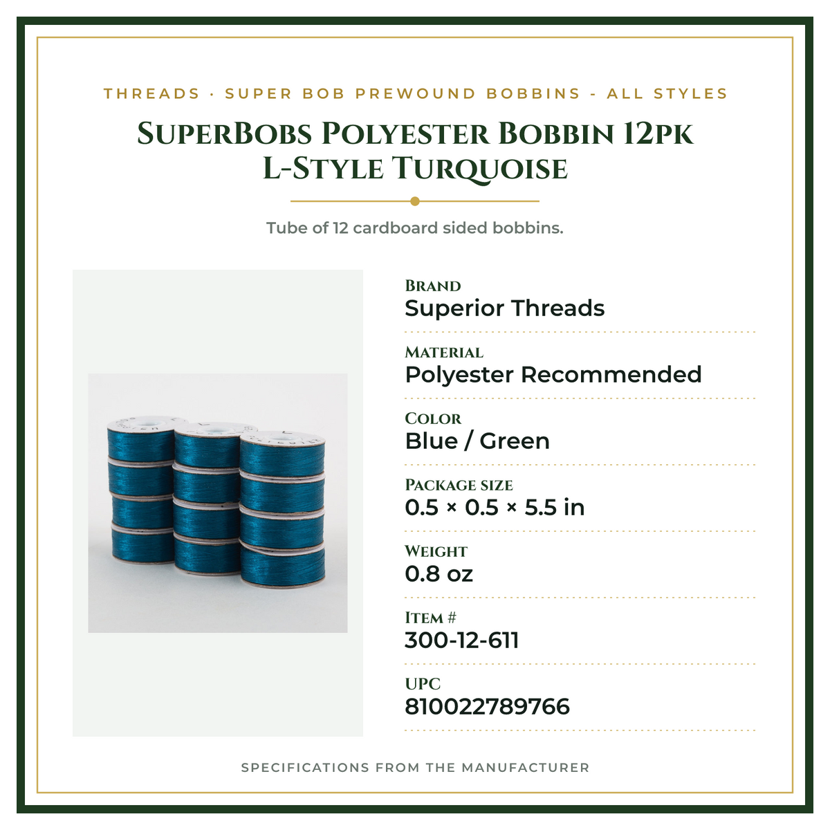 Product Specifications – SuperBobs Polyester Bobbin 12pk L-Style Turquoise