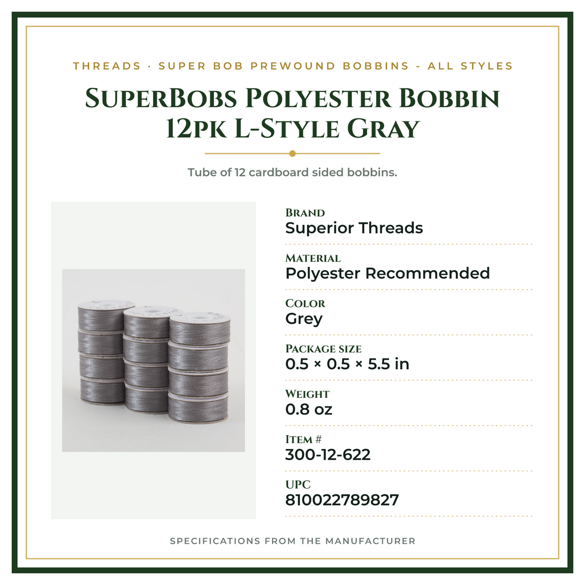 Product Specifications – SuperBobs Polyester Bobbin 12pk L-Style Gray