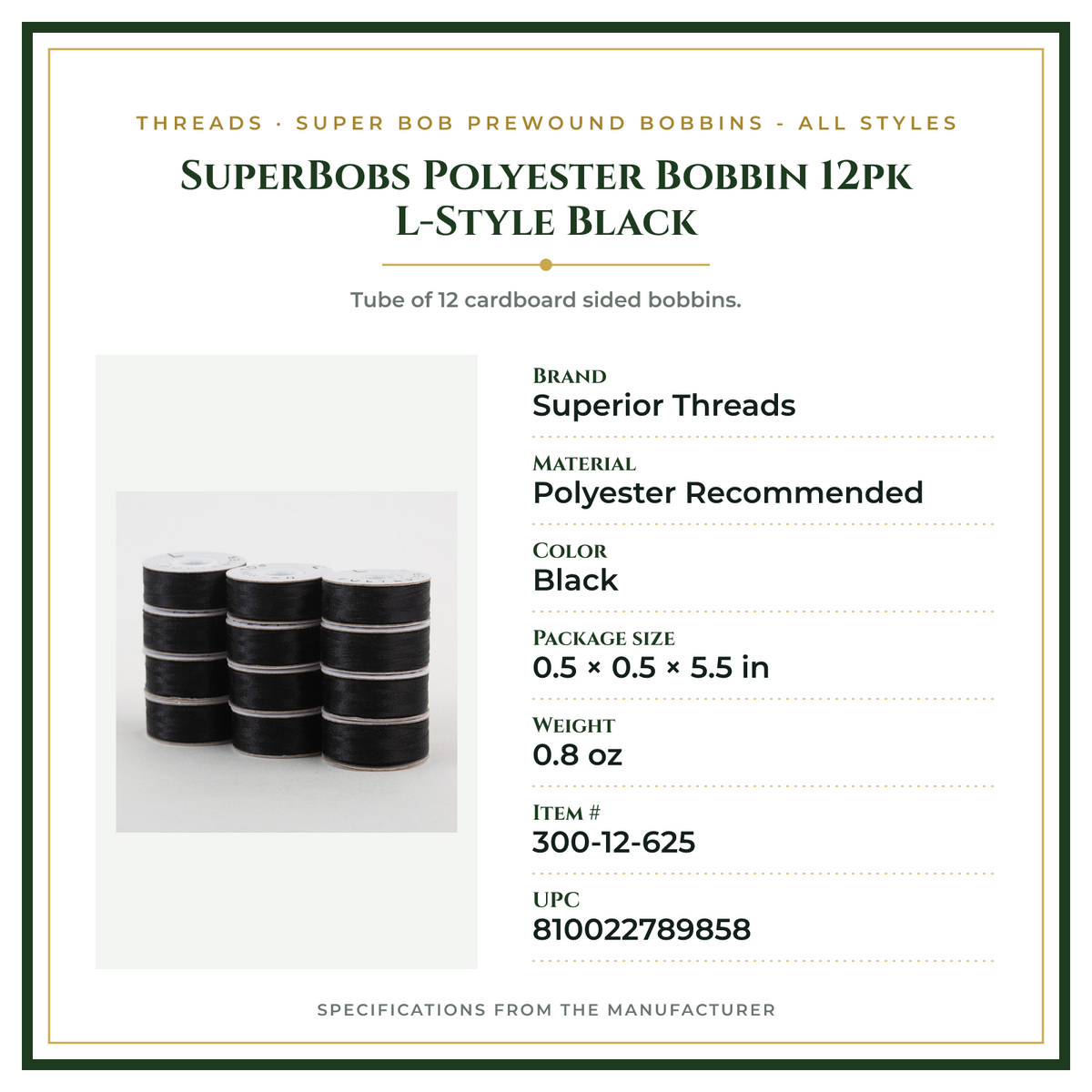 Product Specifications – SuperBobs Polyester Bobbin 12pk L-Style Black