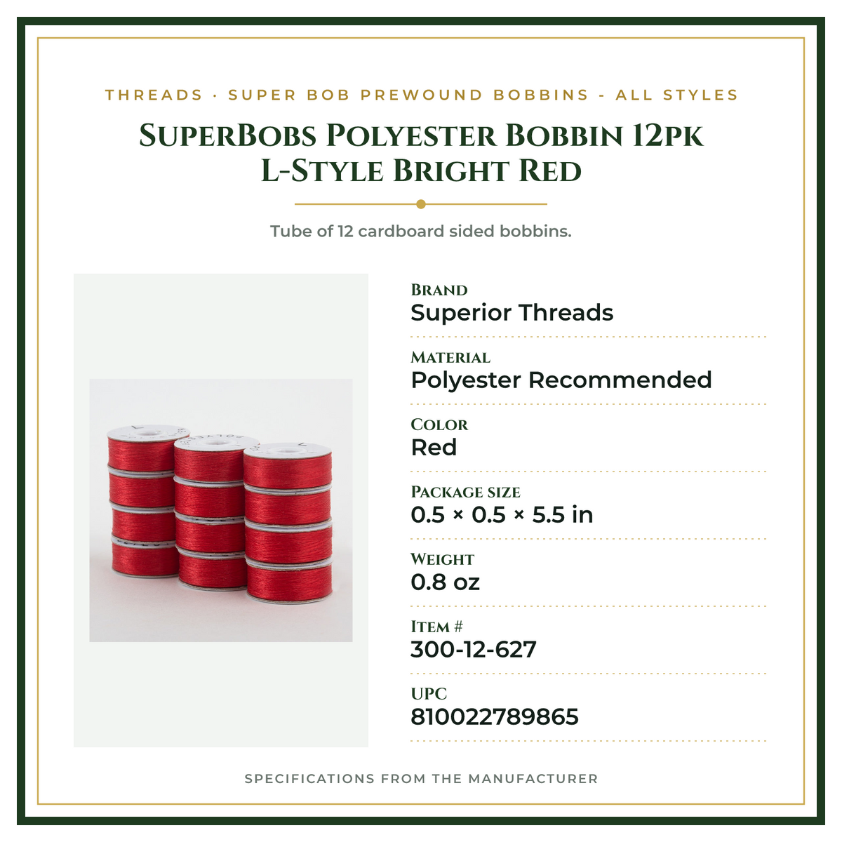 Product Specifications – SuperBobs Polyester Bobbin 12pk L-Style Bright Red