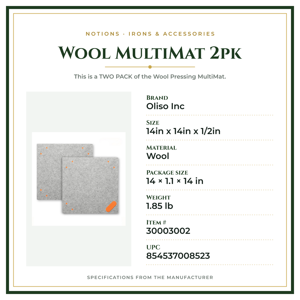 Product Specifications – Wool MultiMat 2pk
